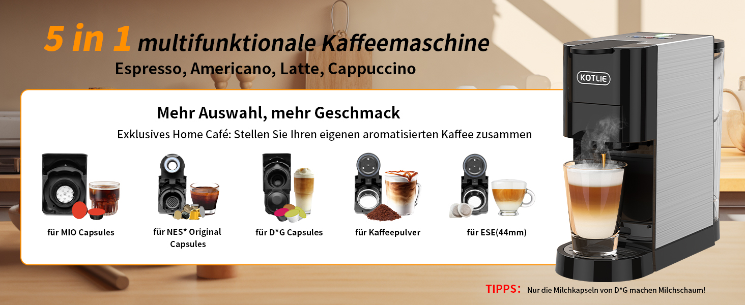 Кавомашина KOTLIE Espresso 4-в-1 для NES/Dolce Gusto/меленої кави/ESE (44мм), 19 Бар, Чорна