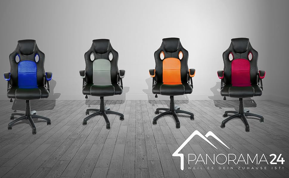 Ігровий крісло Panorama24 для геймерів та офісу, чорний, 9 кольорів, підйомний механізм, до 150 кг, сертифікат TÜV