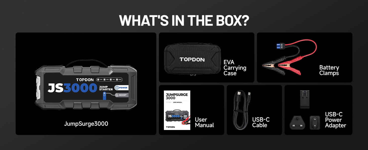 TOPDON JS3000 Powerbank-пускозарядний пристрій для авто, 24000mAh, 3000A, сумісний з бензиновими (9L) та дизельними (7L) двигунами, вбудований LED, EVA-сумка