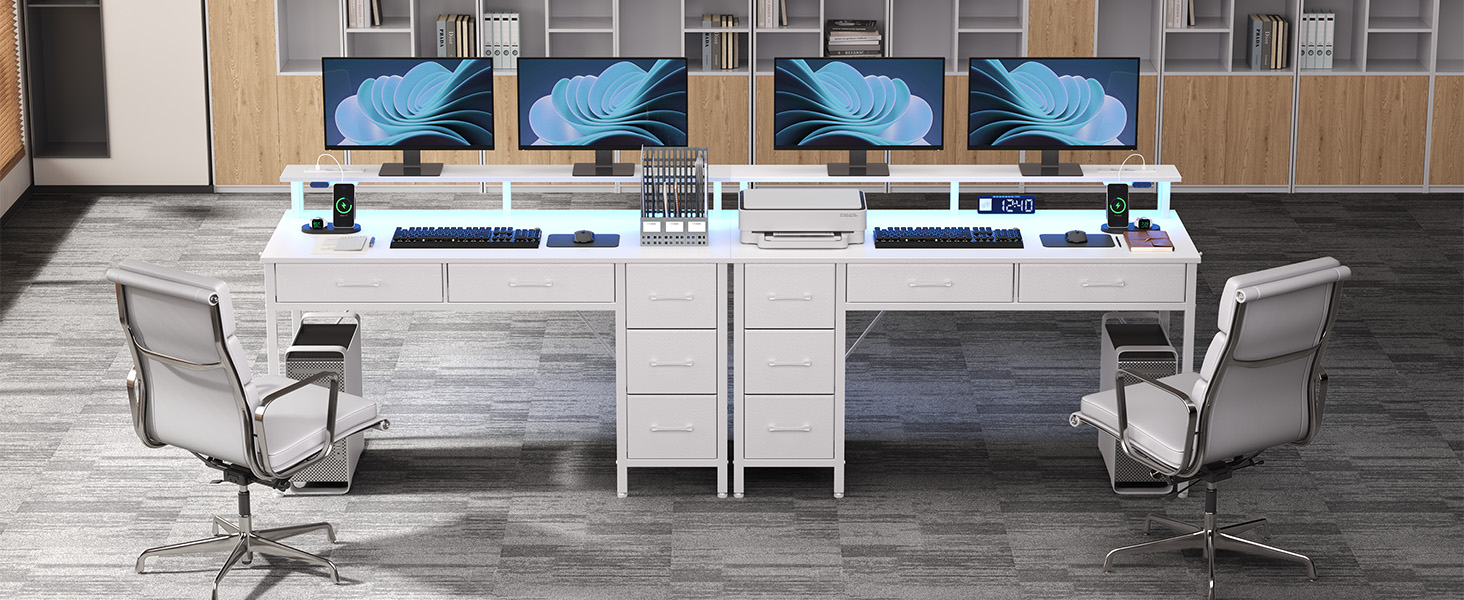 Комп'ютерний стіл Seventable з розетками та LED-підсвічуванням, 100 см, ігровий стіл з 5 шухлядами, стіл для офісу, робочого кабінету, спальні, вітальні, білий