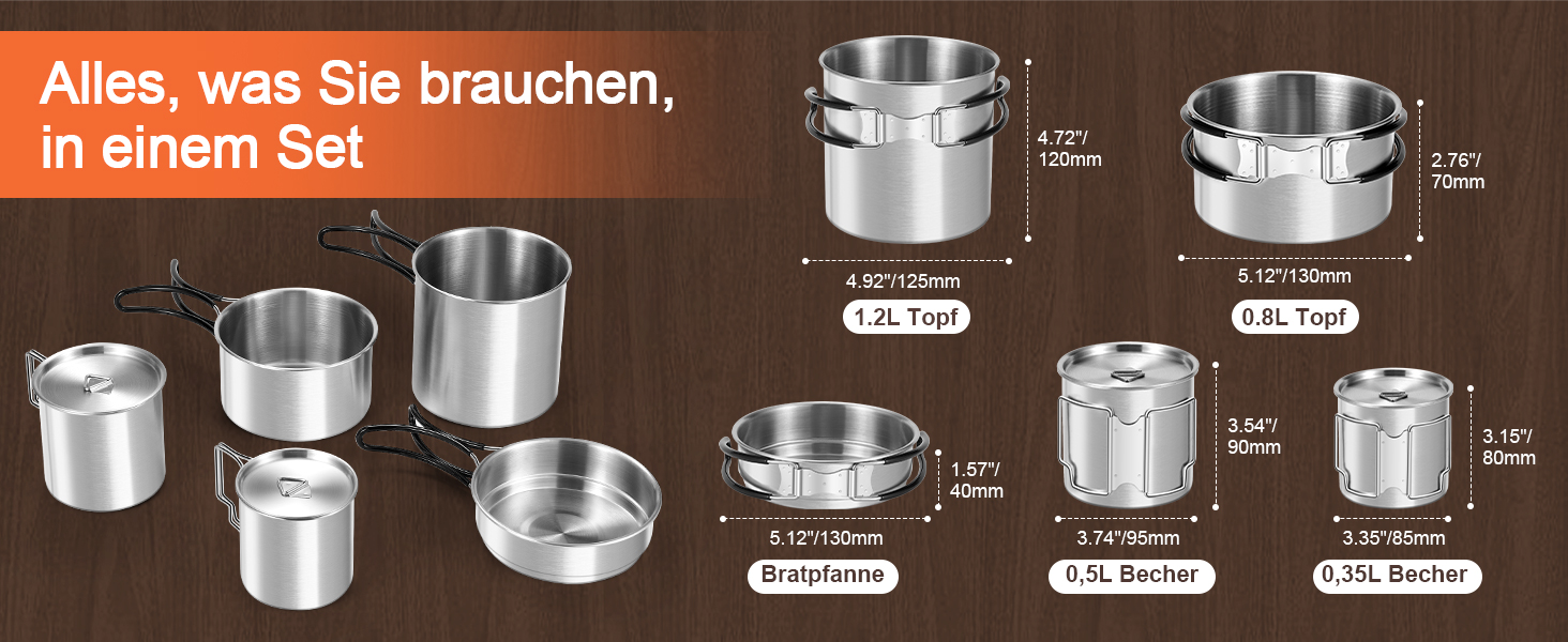 Набір посуду для кемпінгу Odoland: каструля, сковорода, тарілки, миски, столові прибори (13 предметів). Нержавіюча сталь, антипригарне покриття, для пікніків, походів та кемпінгу.