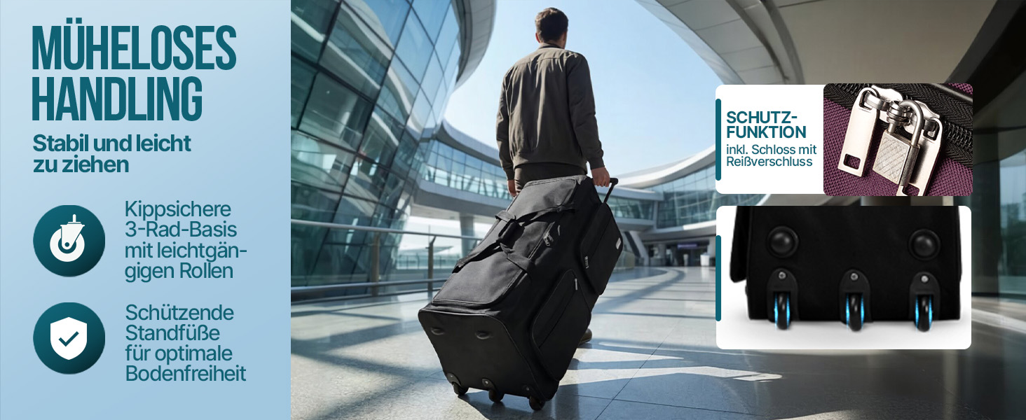Дорожня сумка на колесах MONZANA XL 85л, сумка-тролей з телескопічною ручкою та підставками, м'який дорожній багаж (Темно-синій, 70x36x34см)