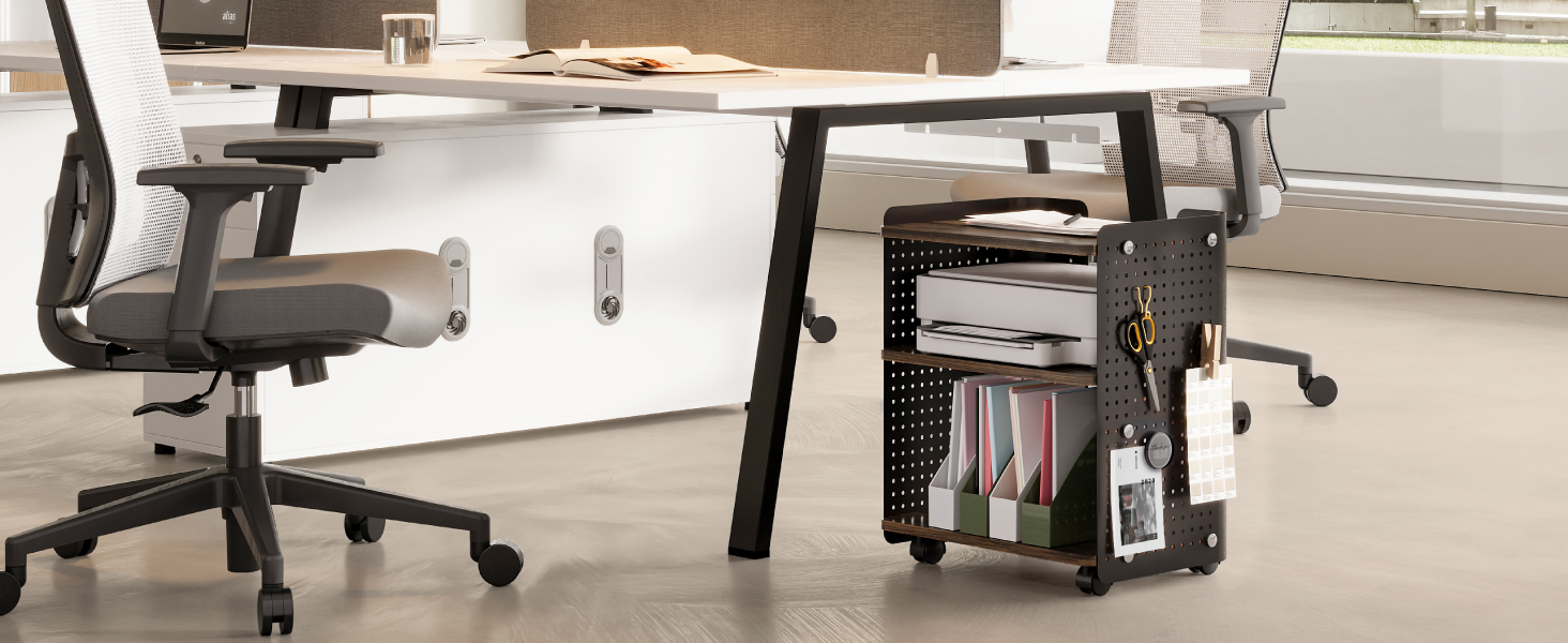 Робочий стіл для принтера Fenge з колесами, мобільний тримач для принтера з перфорованою панеллю, 3 рівні, стійка для принтера/рол-контейнер з органайзером, полиця, шафа для офісу та дому, 45,3x33,5x53,5 см (Коричневий+Чорний)