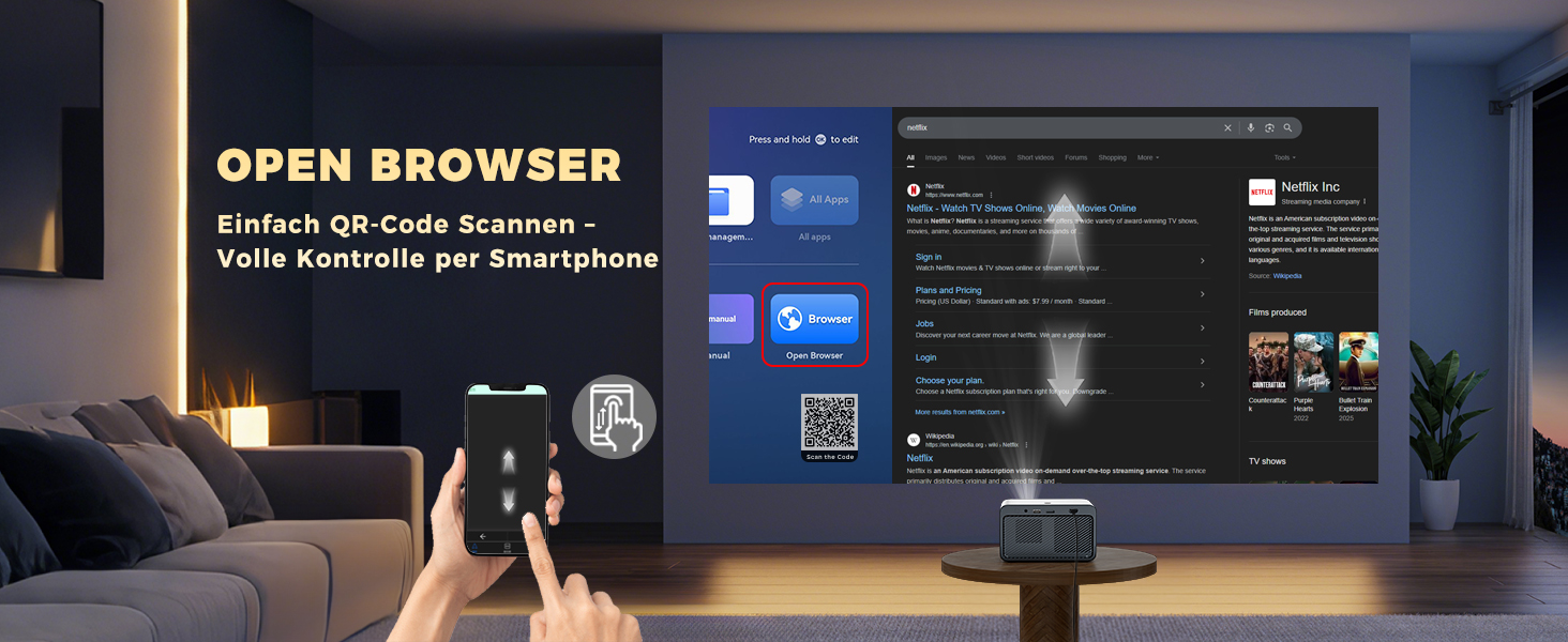 Проєктор Beamer-4K Smart Home Cinema: WiFi6, Bluetooth, Dolby Audio, Netflix, 1080P HD, Автофокус, eARC/CEC, Чорний