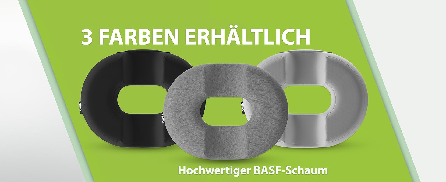 Ортопедичний сидіння кільце Feela® [3 ступені жорсткості] – подушка для геморою з отвором – після операції та пологів – сидіння для полегшення болю в куприку, подушка для геморою, сидіння-пончик – знімає біль (Medium) Чорний, Medium / Mittel (60-80 кг)