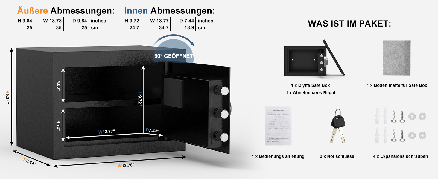 Сейф Diyife 16L з цифровим замком, сигналізацією та підсвіткою. Меблевий сейф з висувною полицею, з міцної сталі SPCC, 35x25x25 см, 2 ключі. Для дому, офісу, готелю.