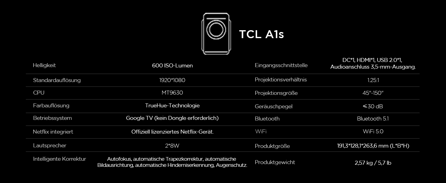 Проєктор TCL A1s 4K Full HD Google TV/Netflix: Dolby Audio, Bluetooth, WiFi, Автофокус, Корекція трапеції 6D для дому та ігор