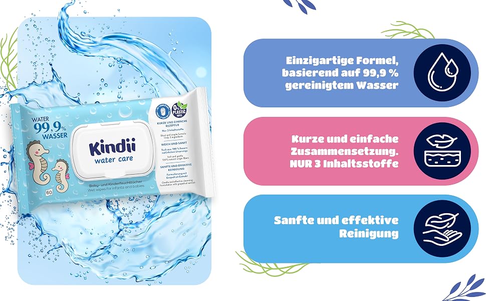 Дитячі вологі серветки Kindii Water Care 99,9% води, біорозкладні, 100% віскоза, без пластику, 960 шт (16 пачок по 60 шт)
