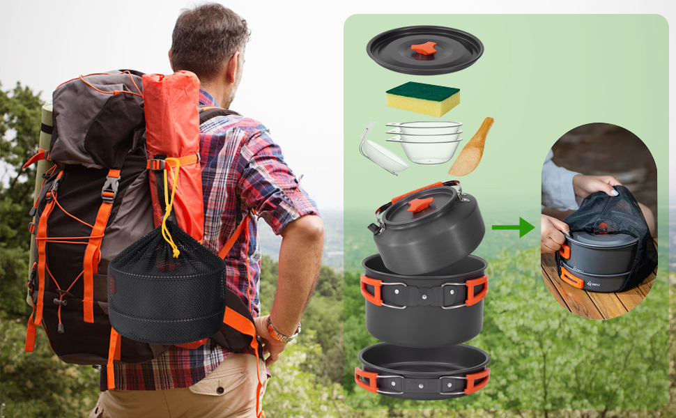 Набір кухонного посуду для кемпінгу Yesaler: каструля, сковорода, чайник для пікніків, походів та риболовлі