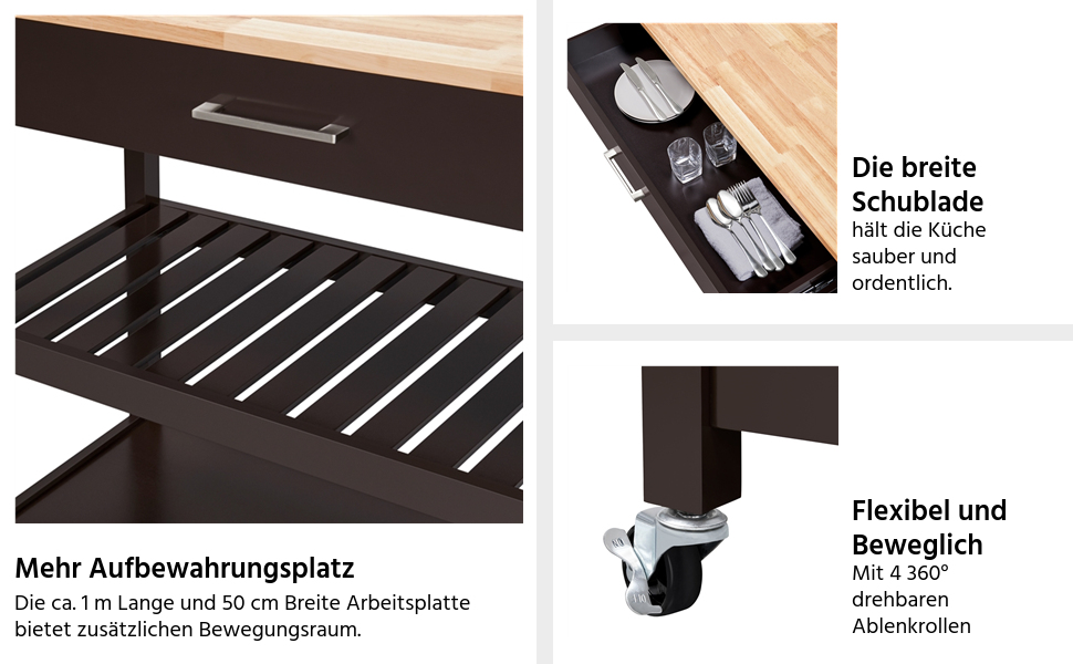 Сервізний візок Yaheetech з шухлядою, кухонний візок з 2 полицями, на коліщатках, 51 x 101,5 x 92 см, білий (Espresso)