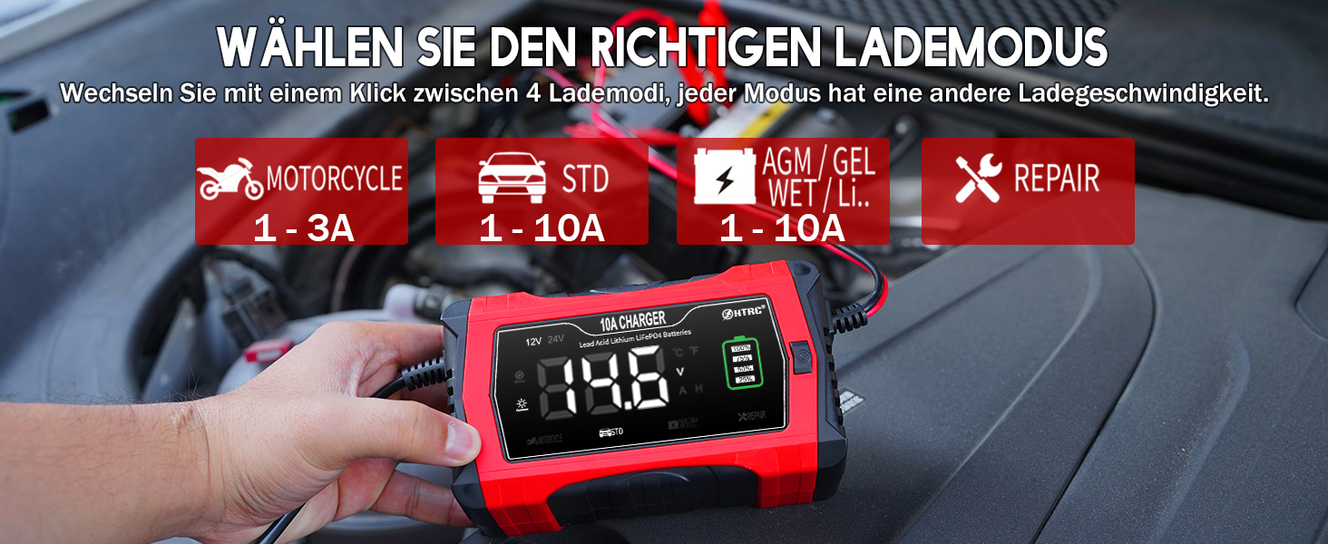 Зарядний пристрій для автомобільного акумулятора HTRC 10A, 12 В/24 В для легкового автомобіля, вантажівки, мотоцикла, газонокосарки, човна, свинцево-кислотний, літій, LiFePO4