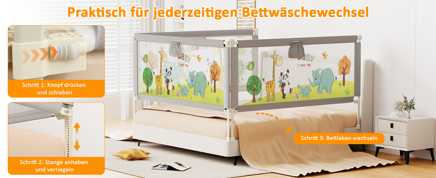 Бортики для ліжка дитячі 3 шт. (2x200 см + 1x180 см) складні, захист від випадання, малюнок 'Джунглі', для малюків та дітей