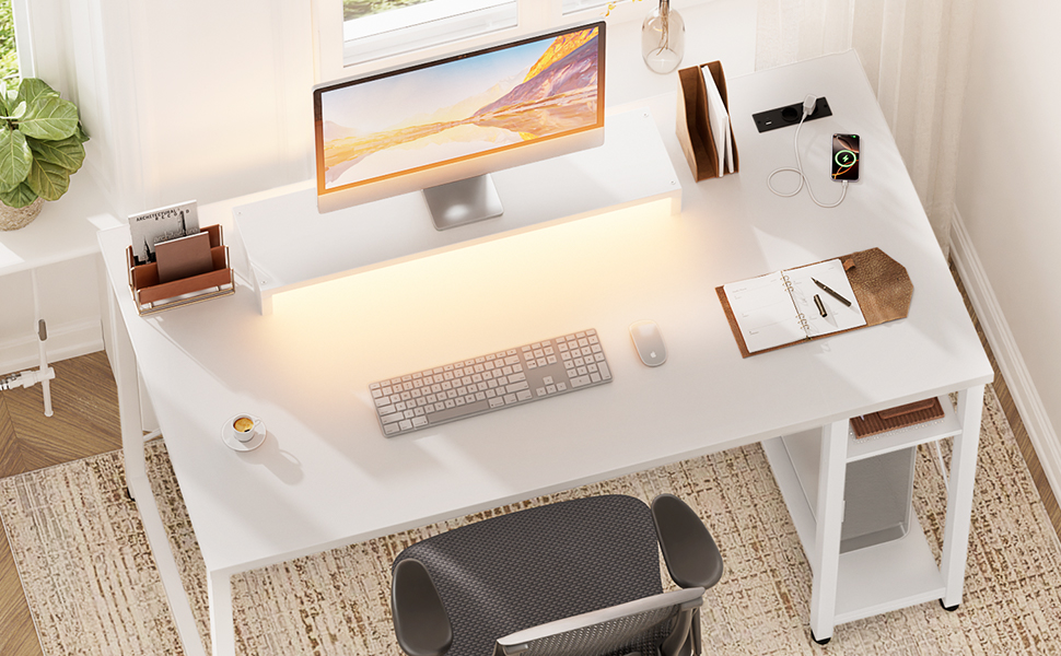 Ігровий стіл з LED-підсвічуванням та розетками, стіл для комп'ютера з USB, стіл для ПК з підставкою для монітора, сучасний офісний/робочий стіл для ігрової кімнати (білий)