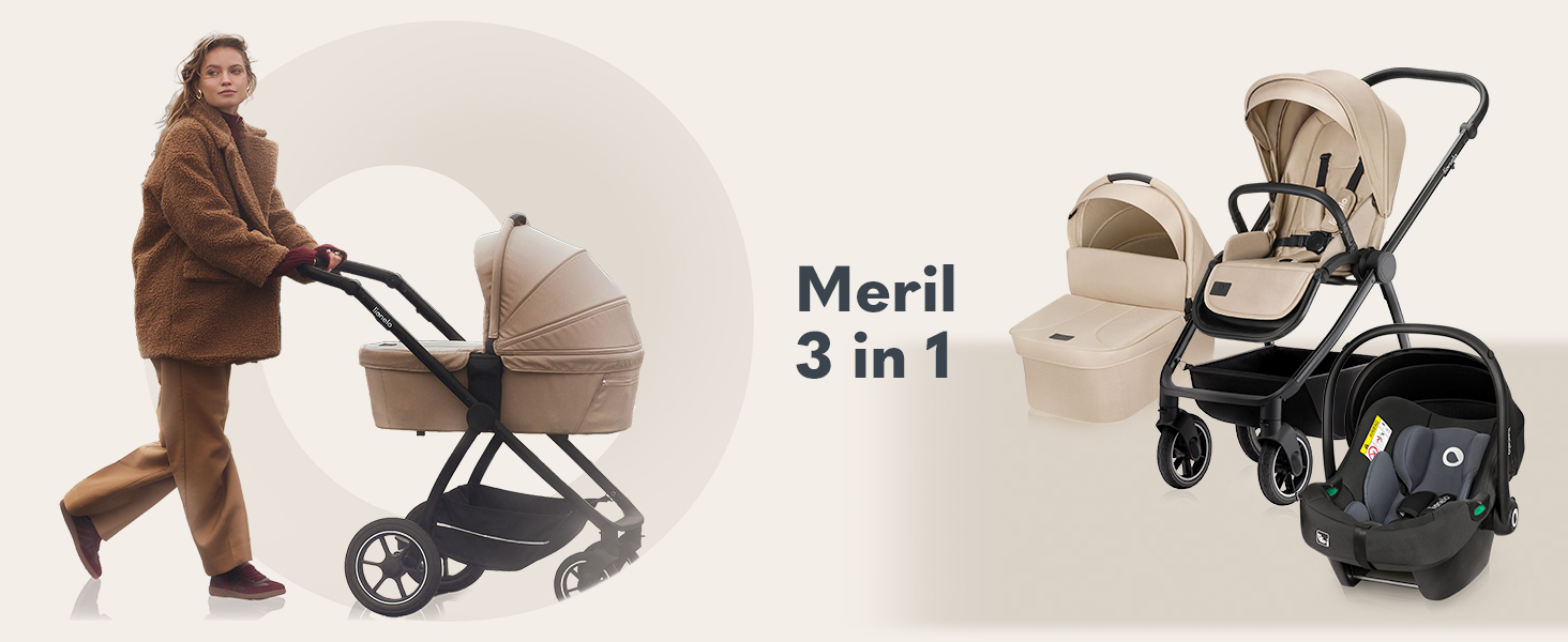 Дитяча коляска Lionelo Meril 3-в-1, 0-48 місяців, до 22 кг, люлька до 9 кг, автокрісло до 13 кг, поворотні колеса, амортизація, великий капюшон UPF50+, бежевий