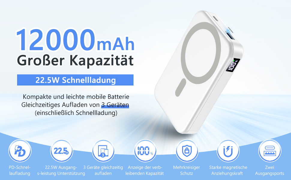 Магнітний Power Bank 12000mAh, PD 22.5W, USB-C, LED дисплей для iPhone 15/14/13/12 Білий