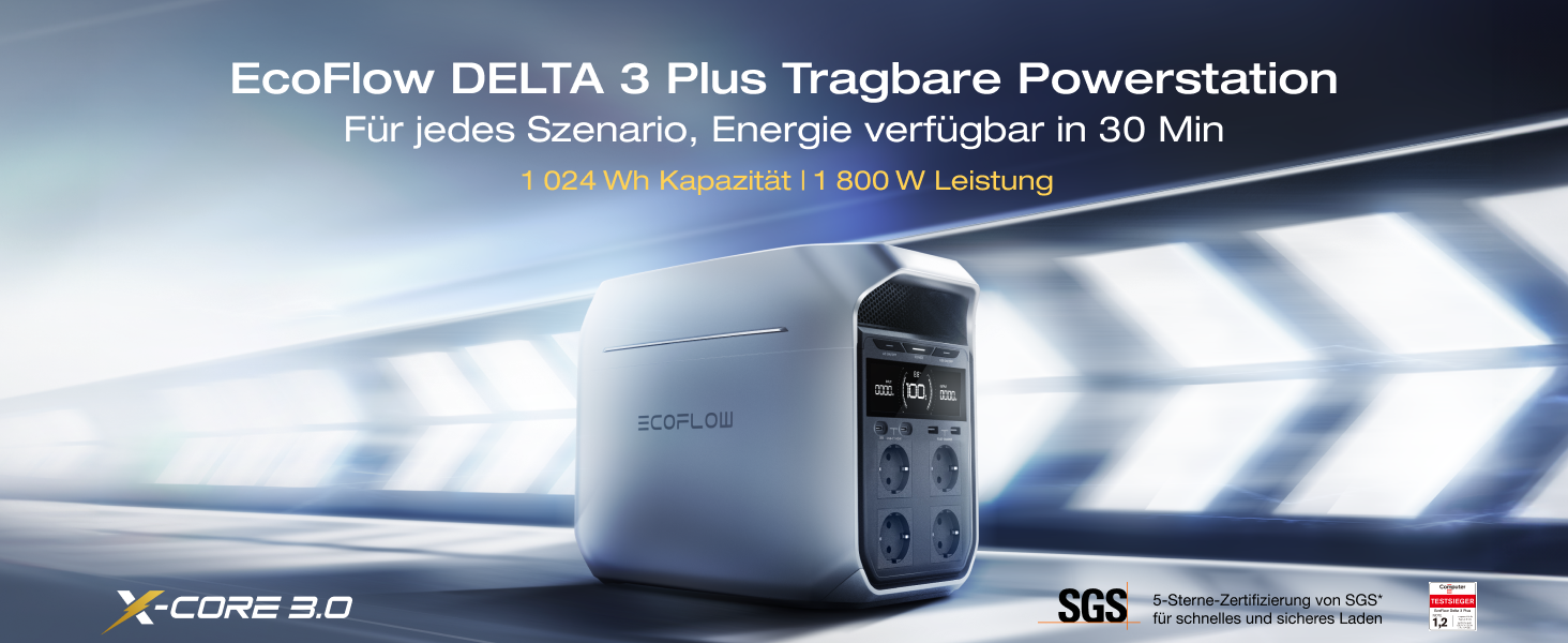 EcoFlow Delta 3 Plus: Портативна електростанція 1024 Wh, LiFePO4, 1800W (3600W пік), Сонячний генератор для дому, кемпінгу та надзвичайних ситуацій