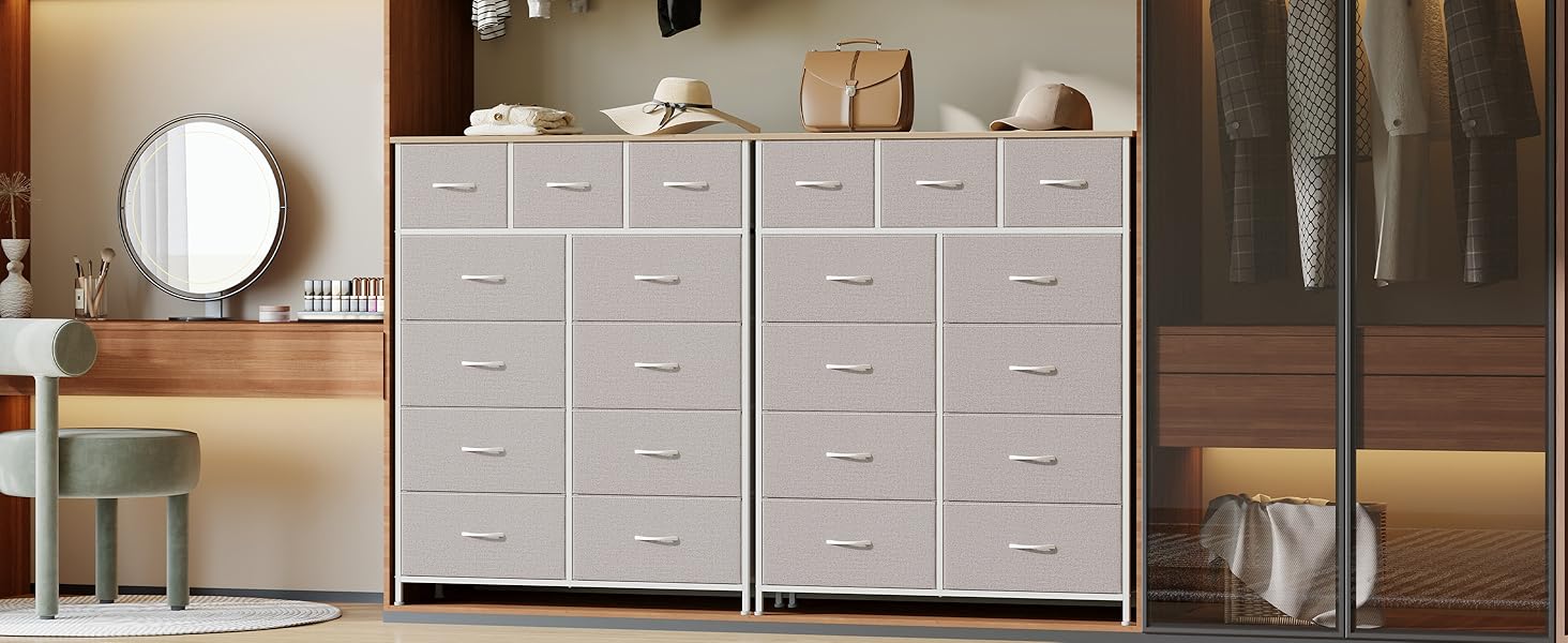 Тумбочка Somdot з висувними ящиками, тканинна тумбочка, тумбочка для спальні, вітальні, коридору, шафа з ящиками, 5 тканинних ящиків, білий колір, штучна шкіра (сірий, 30T x 100B x 118.5H см (11 ящиків))