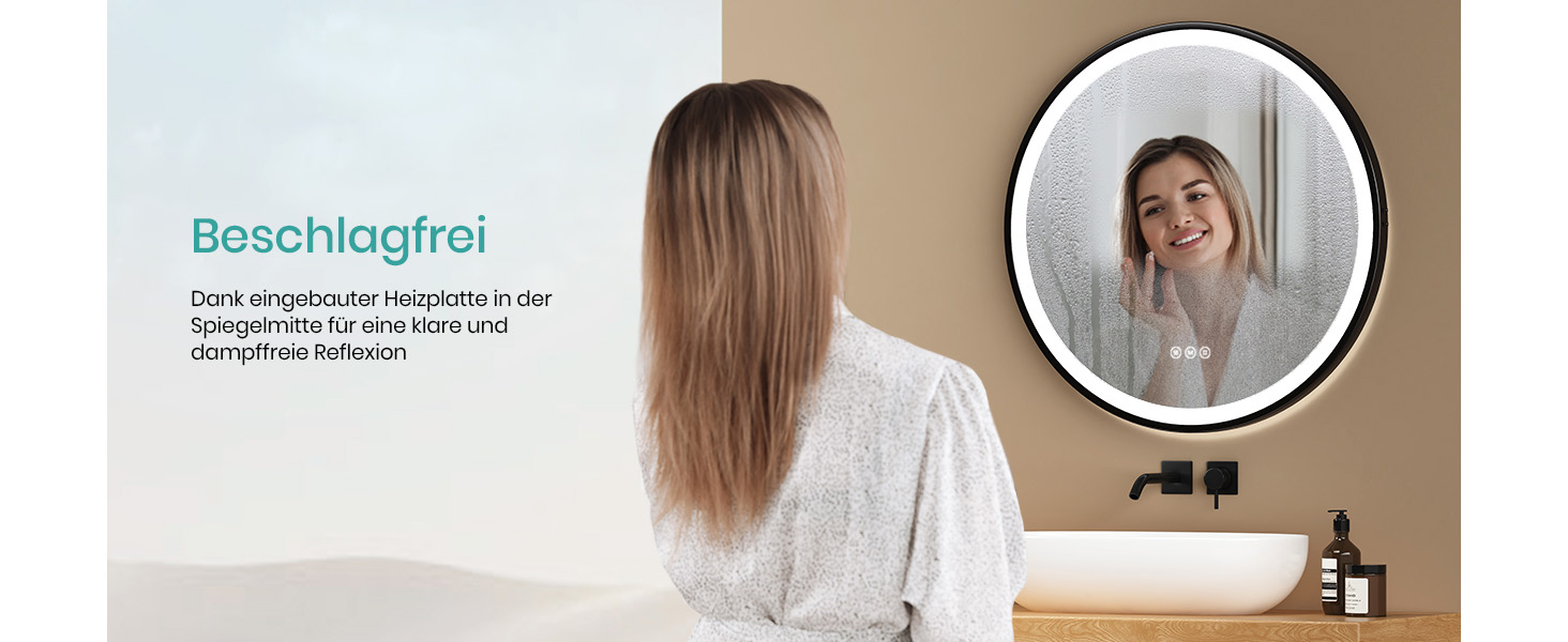 Дзеркало для ванної кімнати EMKE з підсвічуванням, діаметр 50 см, чорний каркас, регульована яскравість, 3 кольори світла, антизапар, сенсорне керування, функція пам'яті