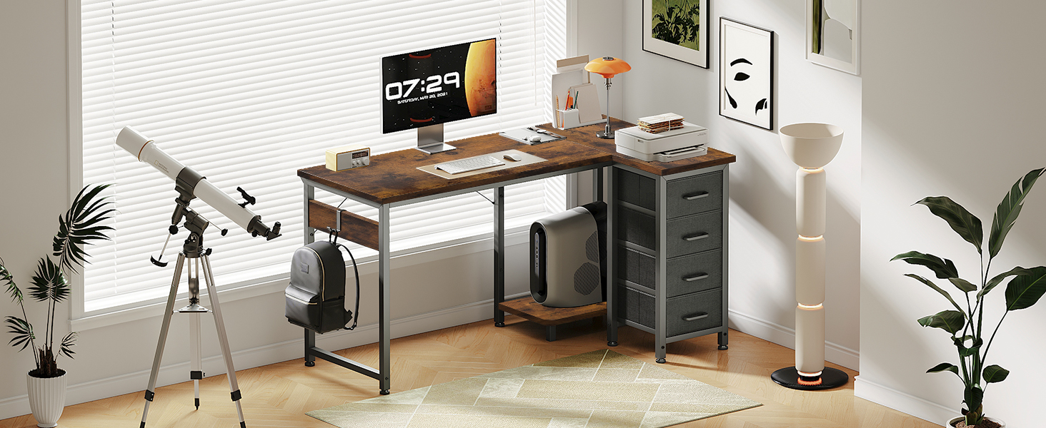 Комп'ютерний стіл кутовий Coleshome 120x70 см з 4 висувними ящиками, для офісу, кабінету, спальні, вінтажний коричневий