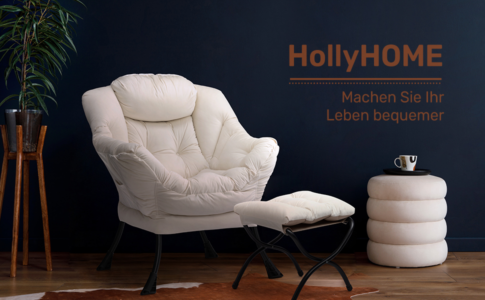 Крісло розкішне HollyHOME з пуфом, оксамитове, бежеве, для вітальні, спальні, відпочинку та читання, сталевий каркас