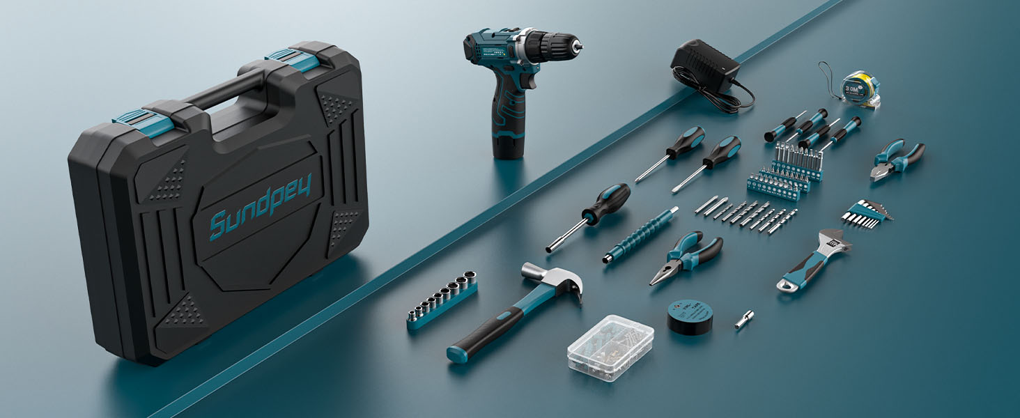 Набір інструментів Sundpey 206 предметів з акумуляторною викруткою 12V для дому та ремонту (синій)