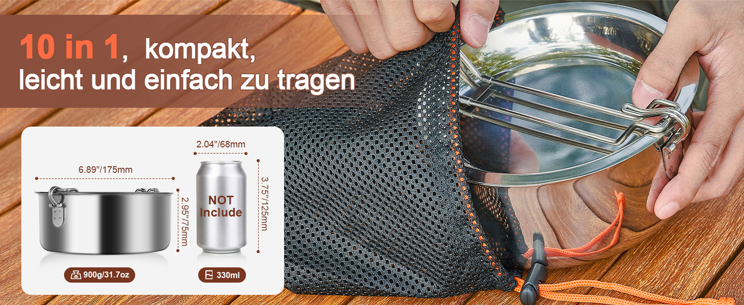 Набір посуду для кемпінгу Odoland: каструля, сковорода, тарілки, миски, столові прибори (10 шт.) з антипригарним покриттям та шкіряним чохлом