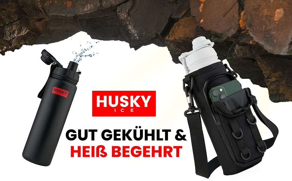 Пляшка для води з нержавіючої сталі HUSKY ICE з БЕЗКОШТОВНОЮ сумкою для перенесення - 1,2 л - термовакуумна колба без бісфенолу А, герметична та безпечна для миття в посудомийній машині - Пляшка-термос для ігристого, спортивного, відкритого відпочинку (700 мл, чорне видання)