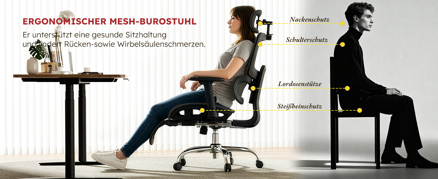 Ергономічне крісло для офісу Voll-Mesh з підголівником, підставкою для ніг, регульованою спинкою, підлокітниками, автоматичною поперековою підтримкою, PU-колесами, поворотним на 360°, до 150 кг, чорне