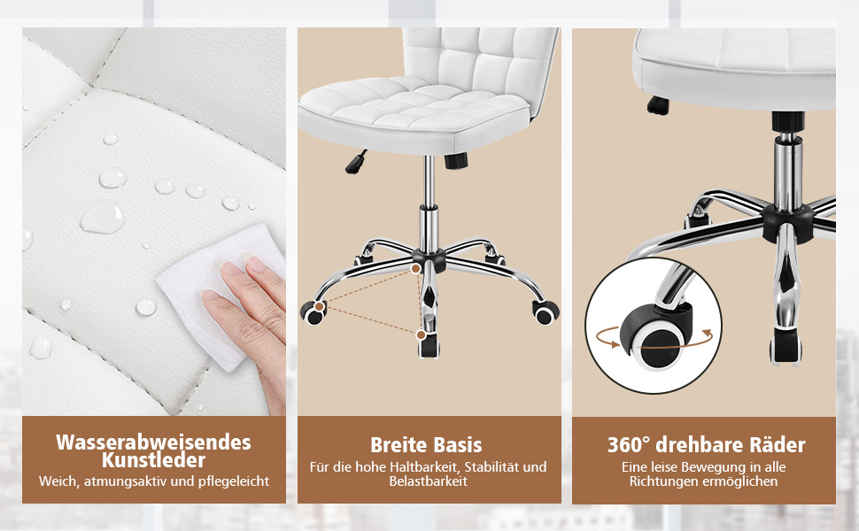 Крісло офісне Yaheetech без підлокітників, обертове, регульоване по висоті, на роликах, штучна шкіра, біле