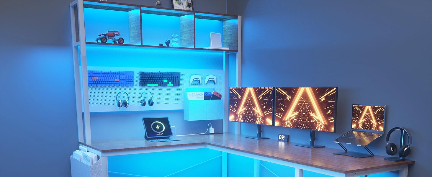 Ігровий кутовий стіл Dowinx з LED-підсвічуванням, 120x148 см, коричневий: з розетками, USB та місцем для зберігання