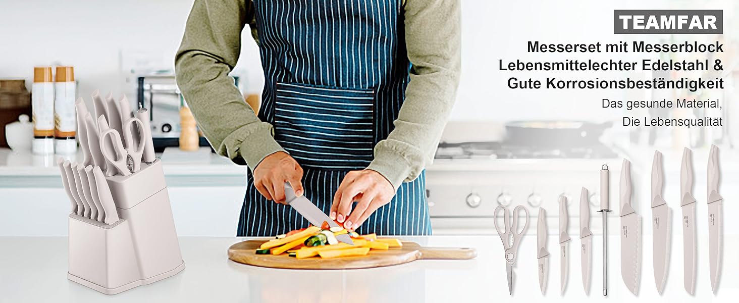 Набір кухонних ножів TEAMFAR з підставкою, 15 предметів, нержавіюча сталь, з точильним каменем, антипригарне покриття, для нарізки, подрібнення, колір хакі