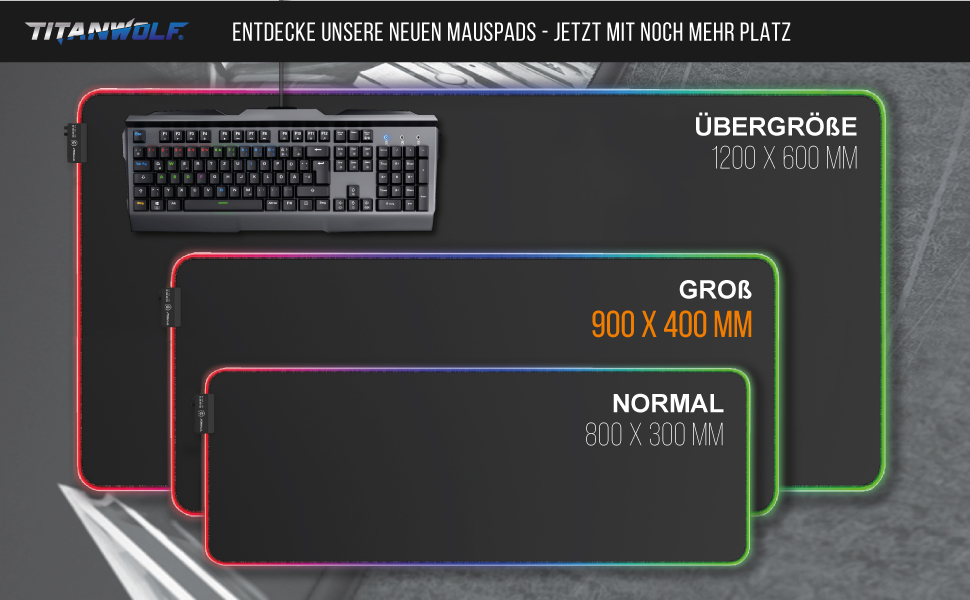 Кисмат TITANWOLF XXXL RGB ігровий килимок для миші – 1200 x 600 мм, LED, 7 кольорів, 4 режими, гумова основа, миється (Black Pro)