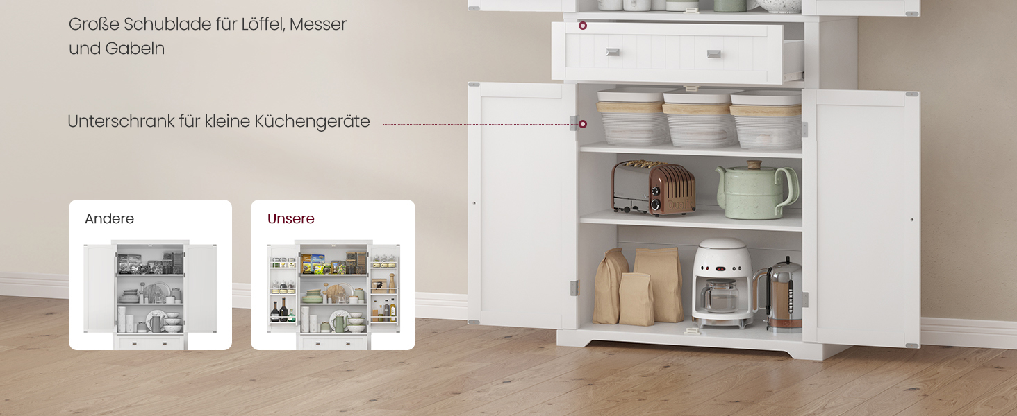 Шафа кухонна VASAGLE, висока, буфет-вітрина, з регульованими полицями, з ящиками, для кухні/вітальні, 40 x 76 x 182,1 см, білий BBC561W21