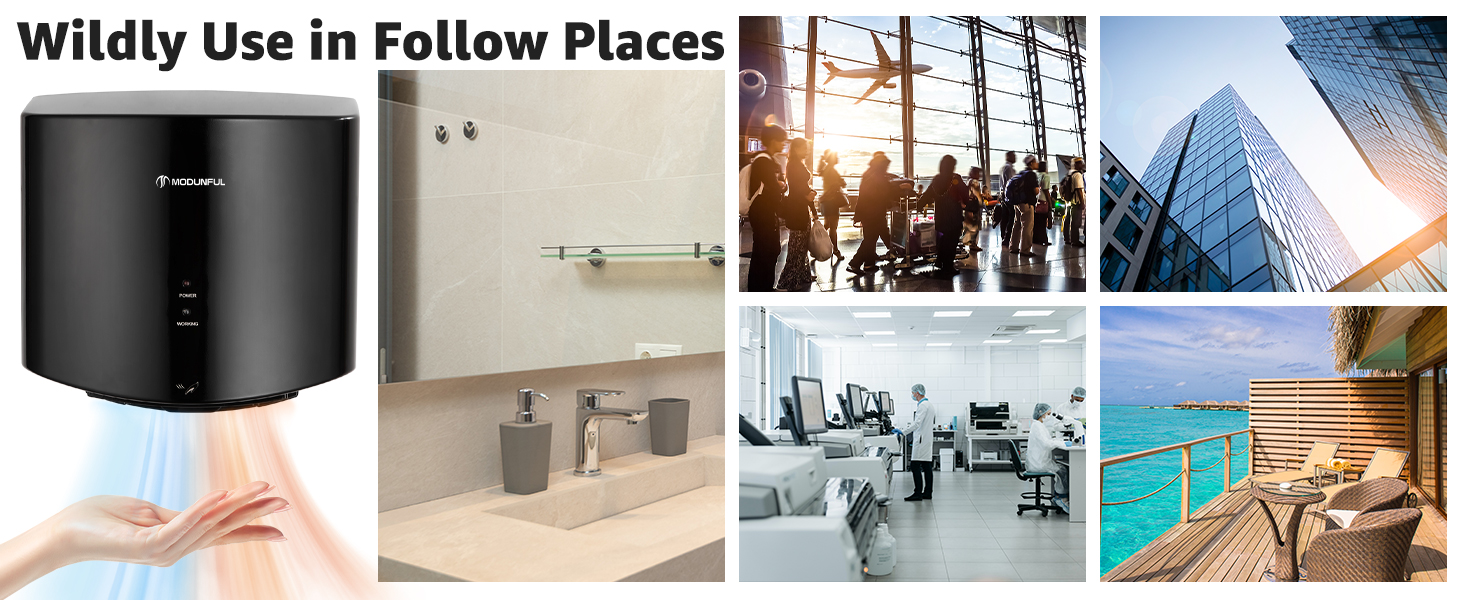 Електричний автоматичний сушар для рук Modunful, настінний, 1200W, чорний