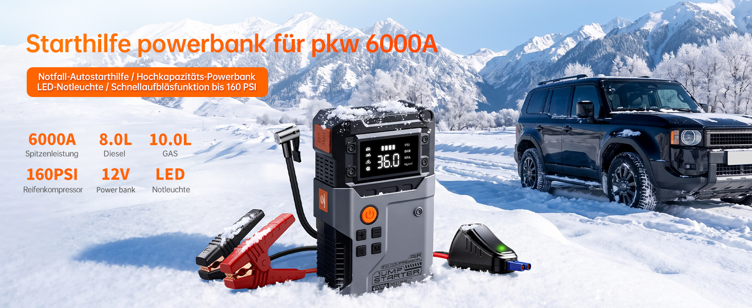 Бустер для автомобіля Starthilfe Powerbank 6000A — Пусковий пристрій для всіх типів авто, чорно-сірий
