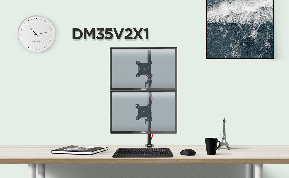 Тримач для двох моніторів Duronic DM35V2X1 | Вертикальна підставка для комп'ютерних моніторів | Регульована висота, поворот, нахил, кріплення VESA 75/100