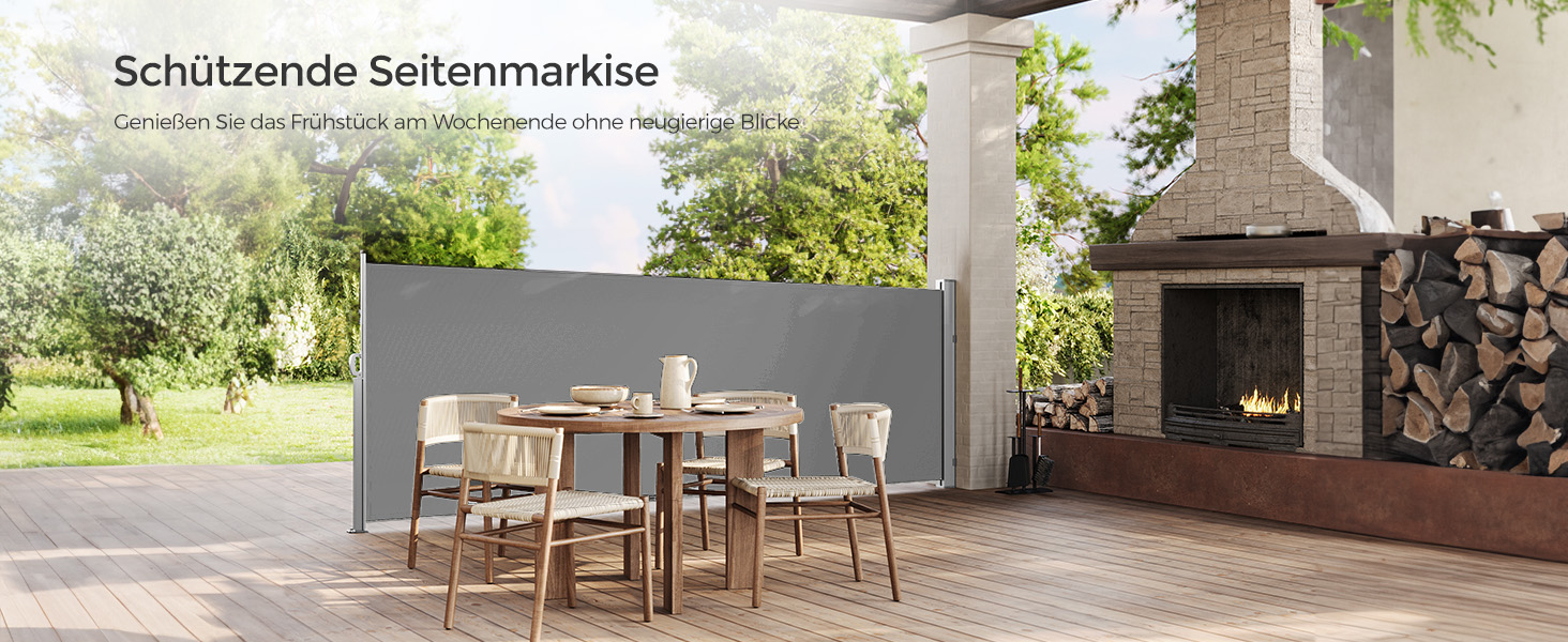 Сонцезахисна бічна маркіза SONGMICS 140x300 см, сталевий корпус, антикорозійна, висувна, щільна, для балкона, тераси, саду, світло-сіра