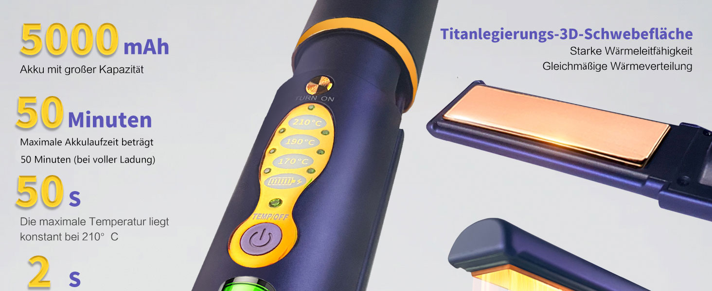 Бездротовий випрямляч для волосся Titan 2-в-1 з акумулятором 5000mAh (щипці-випрямляч, локони) блакитного кольору для всіх типів волосся