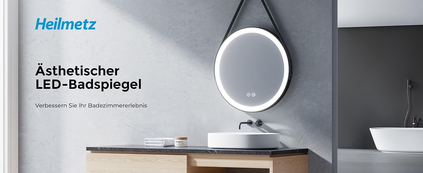 Дзеркало для ванної кімнати з підсвічуванням 60см, кругле LED дзеркало з LED-підсвічуванням, 3 кольори світла, регулювання яскравості, сенсорне управління, чорна рама, знімний монтаж 60x60 см