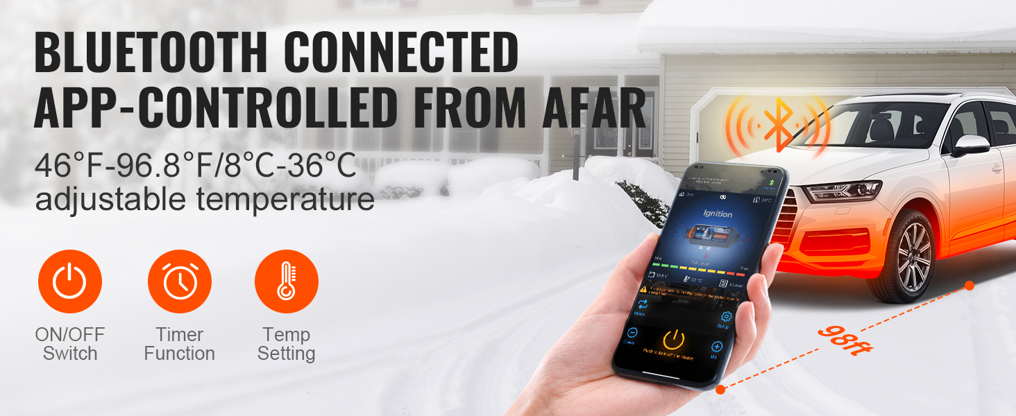 Автономний дизельний опалювач VEVOR 8 кВт, 12V, з LCD-дисплеєм та пультом ДУ, Bluetooth, 0.16-0.62 л/год, оранжевий