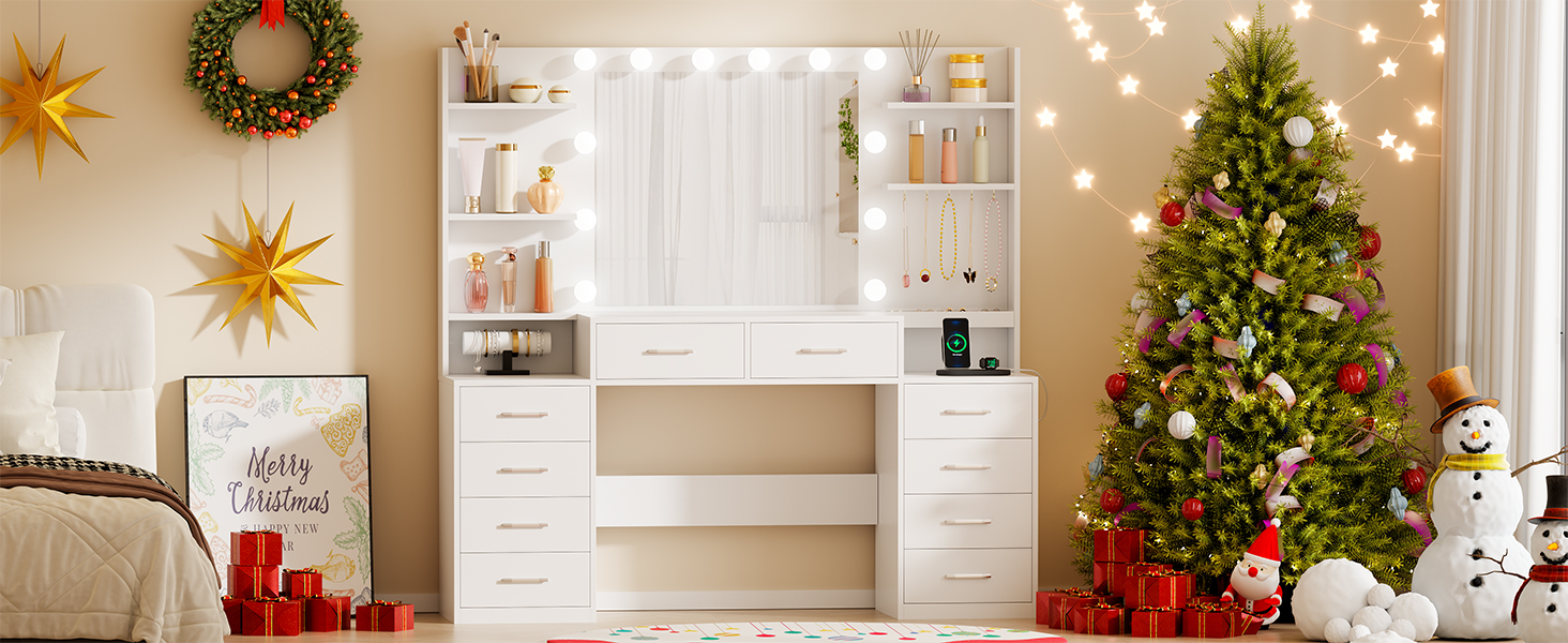 Трюмо BEWISHOME з дзеркалом, регульованою LED-підсвіткою та розетками, 10 шухлядами, 5 полицями, гачками та органайзером для прикрас, сучасний дизайн, білий колір, EFST52W