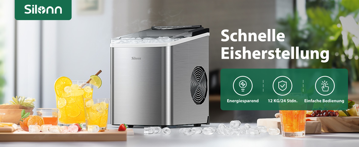 Льодогенератор Silonn IM01, 12 кг/добу, кубіки льоду, самоочищення, нержавіюча сталь