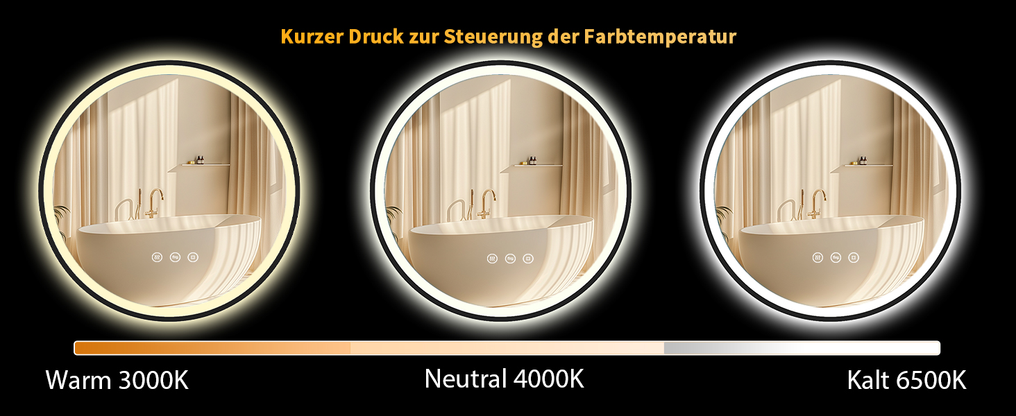 Дзеркало кругле PESENXAN 70см з підсвічуванням та чорним каркасом. Антизапарник, регулювання яскравості, 3 кольори світла, LED, сенсорне управління, функція пам'яті. Розміри: 70x70 см