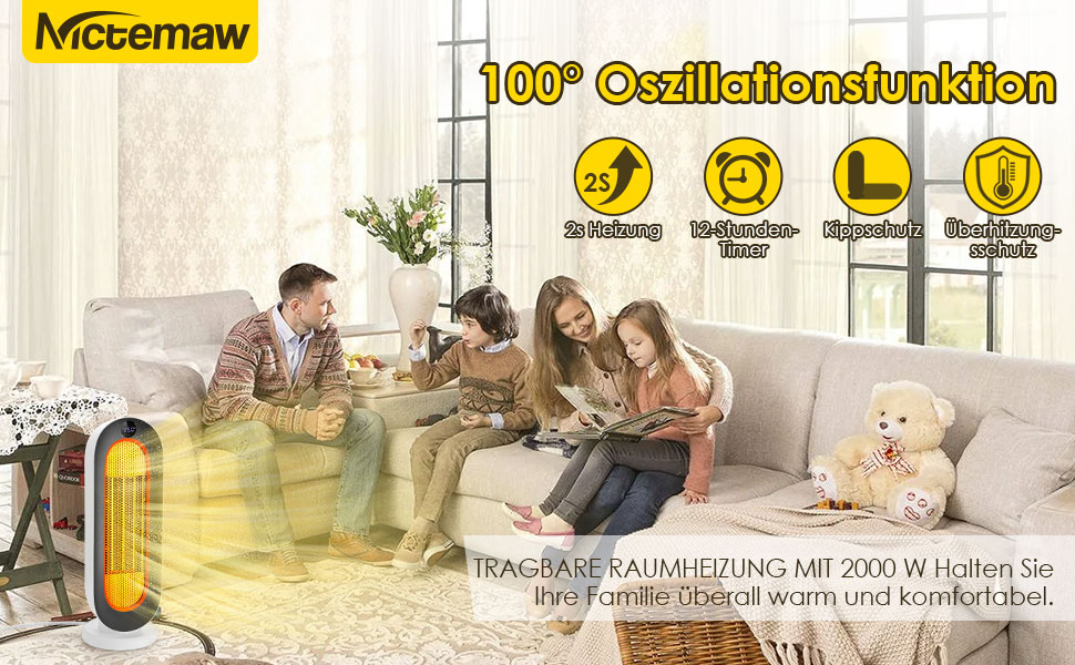 Електричний обігрівач Nictemaw 2000W з керамічним нагрівачем, 3 режими, захист від перекидання, таймер 12 год, осциляція 100°, пульт ДУ, для дому та офісу, білий