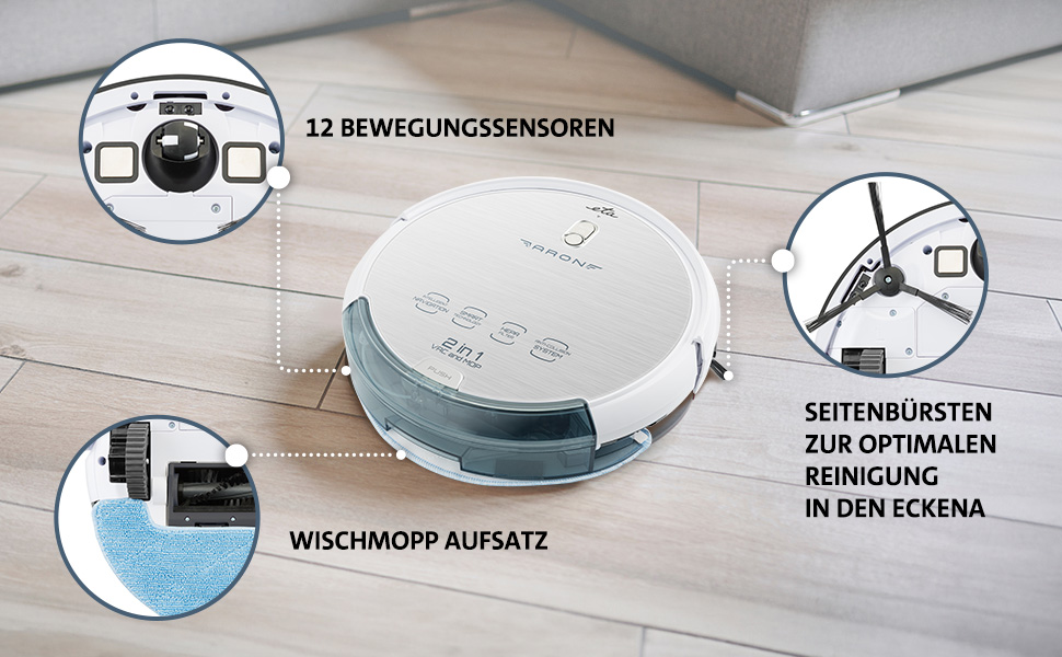 Робот-пилосос ETA Aron I 2в1: пилосос та мийка | 120 хв роботи | 300 мл резервуар | Керування через додаток | 7.2 см | HEPA фільтр