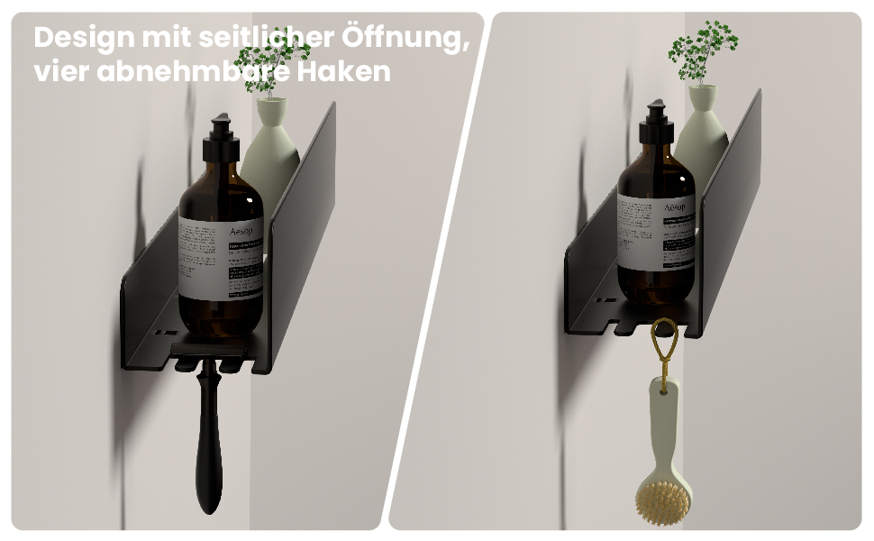 Поличка для душу REKITA без свердління, органайзер для ванної кімнати 40 см, поличка з нержавіючої сталі з 4 знімними гачками, тримач для шампуню для душу, навісна поличка, чорний колір