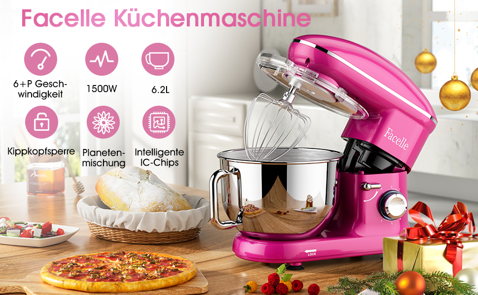 Кухонна машина Facelle 1500W з нержавіючою чашею 6.2 л, 6 швидкостей, комплектом насадок (міксер, гак для тіста, вінчик, сплеск-захист), фіолетовий колір