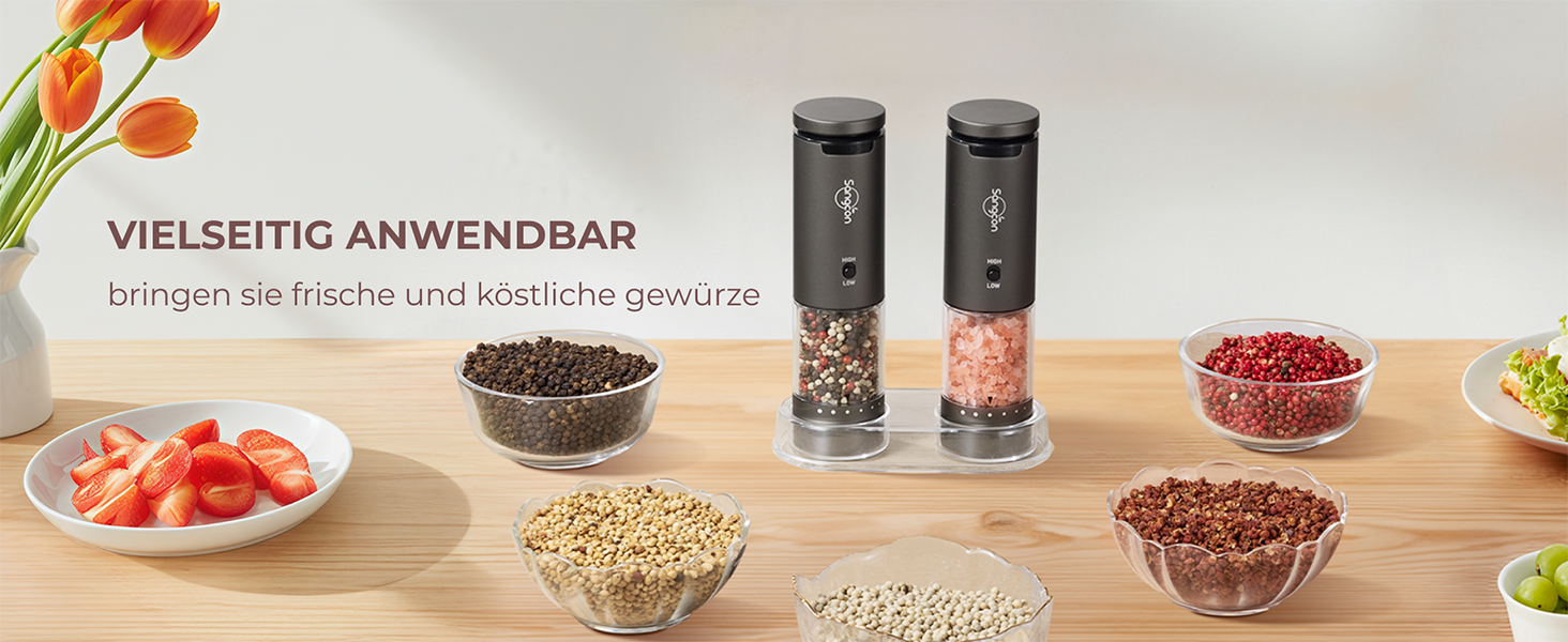 Електричні млини для солі та перцю Sangcon, 2 швидкості, акумуляторні, 6 ступенів помолу, автоматичний набір з базою, для однієї руки (сірий)
