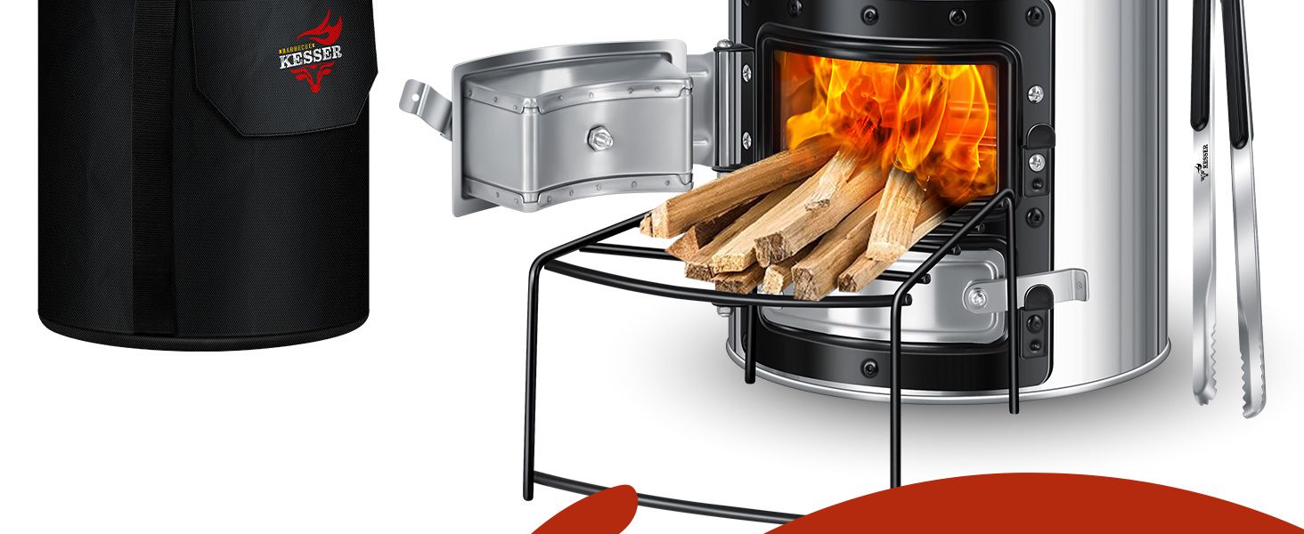 Печь-ракета KESSER® з чавунною сковородою-грилем | з щипцями та сумкою | Dutch Oven з 6 шипами | Дров'яна піч-ракета для BBQ | Кухоль для кемпінгу, відпочинку на природі, грилю | Нержавіюча сталь, чорний/сріблястий