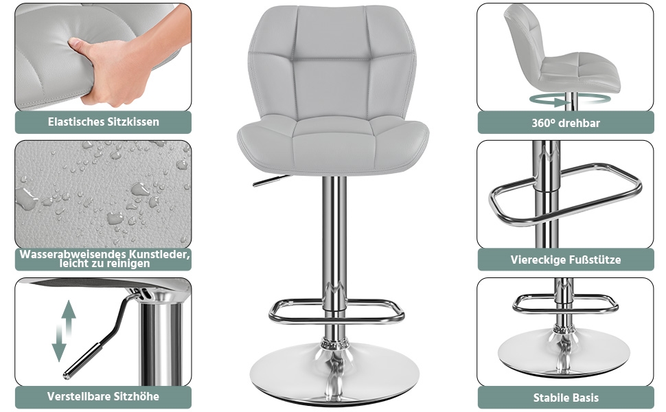 Барні стільці Yaheetech 2 шт. регульовані по висоті, обертаються на 360°, з підніжками та спинкою, з PU-шкіри, сірі (2 шт.)